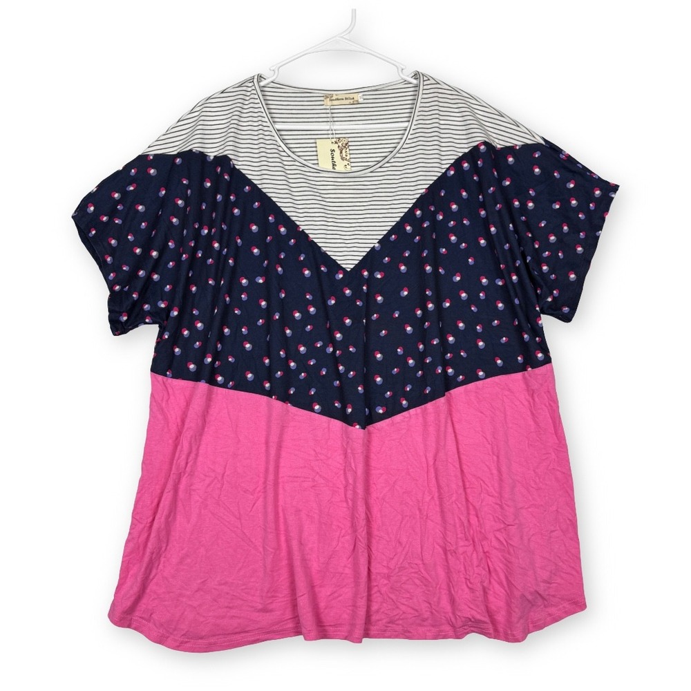 Southern Stitch Womens 3XL Colorblock Stripe Polka Dot Top Pink Navy BQ10879
